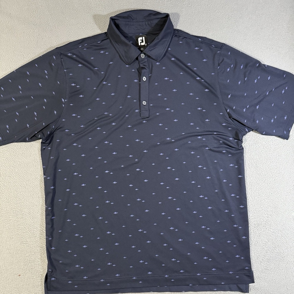 FootJoy All Over School‎ of Fish Print Golf Polo Shirt Navy Blue Men's Size XXL